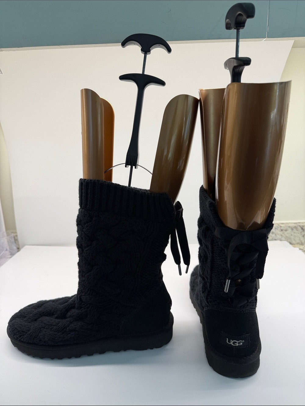 UGG Black Cable-Knit Lace-Up Mid-Calf Boots